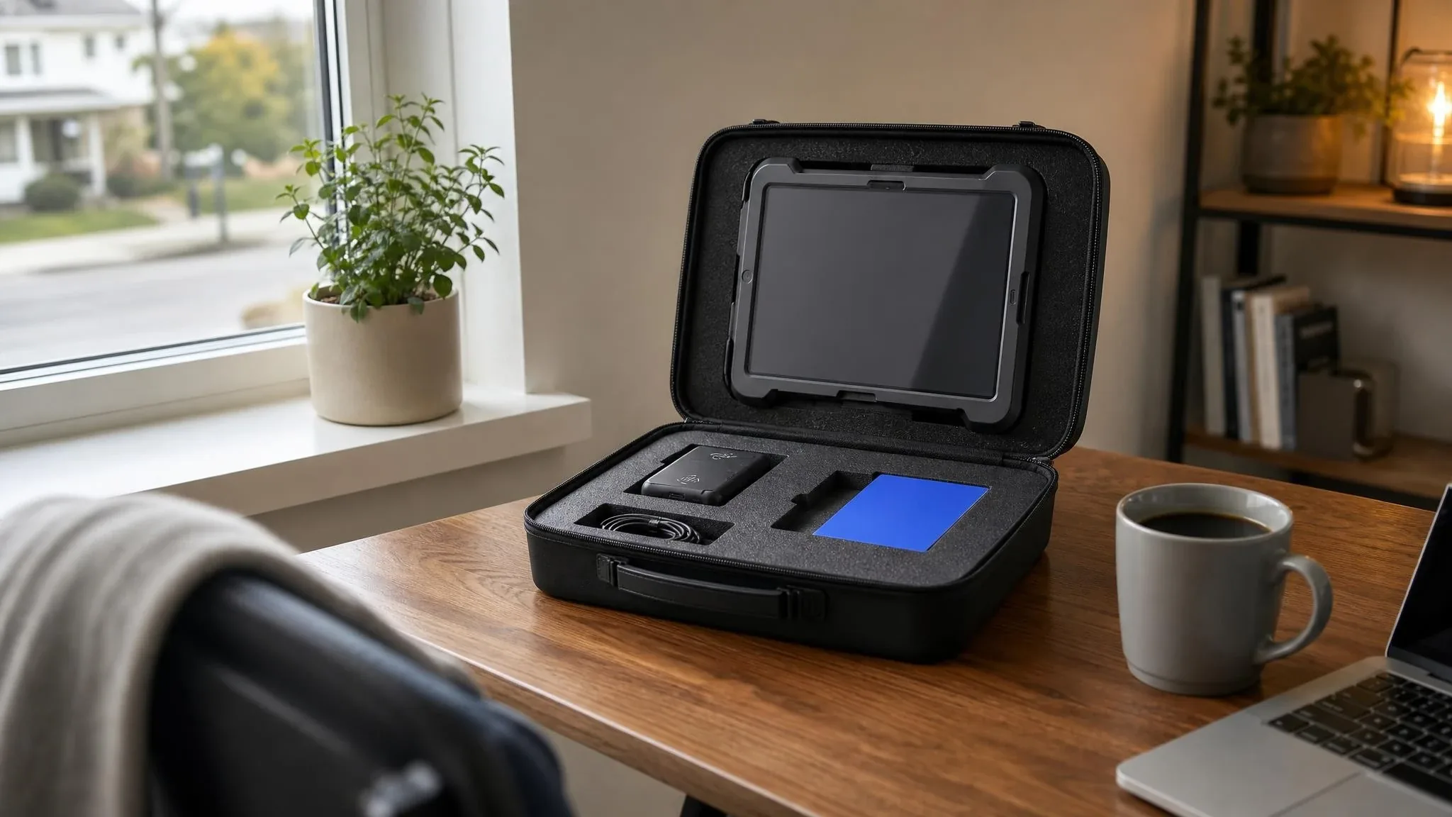 Opened Trust Swiftly IAL3 proofing kit case on a home office desk by a window, with the iPad in its rugged case, passport reader, cable, and quick-start card in foam cutouts beside a coffee mug