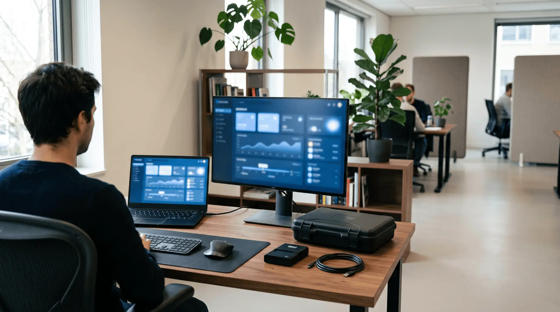Security engineer at an office desk with a laptop and monitor showing an identity dashboard, beside a closed Trust Swiftly proofing kit case, a passport reader, and a coiled USB-C cable