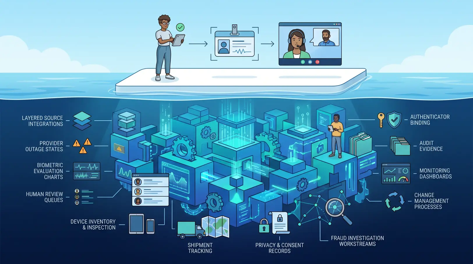 Iceberg illustration showing a simple proofing session above water and the larger source, biometric, review, device, fraud, privacy, and evidence operation below
