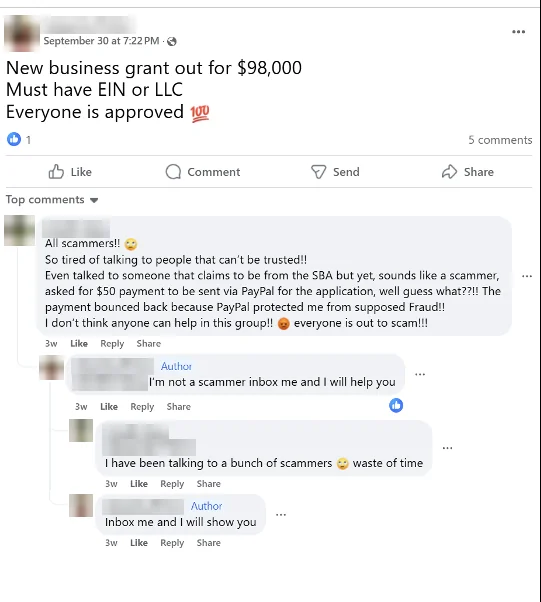 Fraud group screenshot advertising SBA loan application services