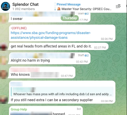 Telegram fraudsters discussing fake documents for SBA loans