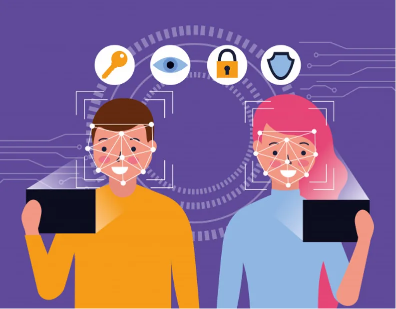 Man and woman with mobile face scan Free Vector