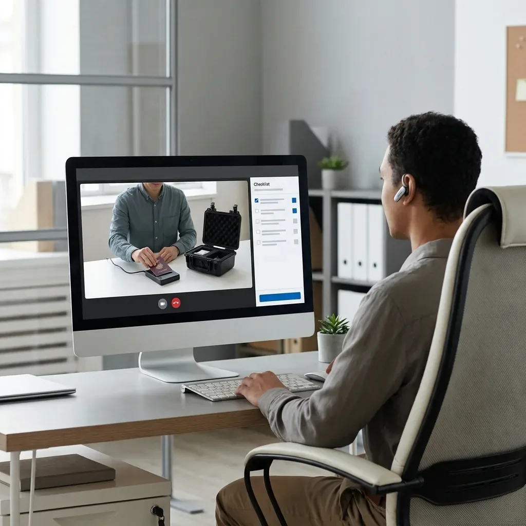 Trust Swiftly proofing agent wearing an earpiece and attending a live IAL3 session, watching the applicant place a passport on the kit's card reader