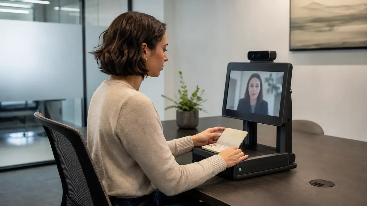 Applicant at an office desk placing a passport on a Trust Swiftly-controlled station while a proofing agent attends on screen