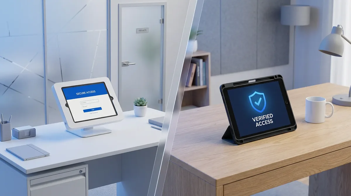 Two IAL3 setups side by side: a Trust Swiftly kiosk at a company office and a kit on a home office desk