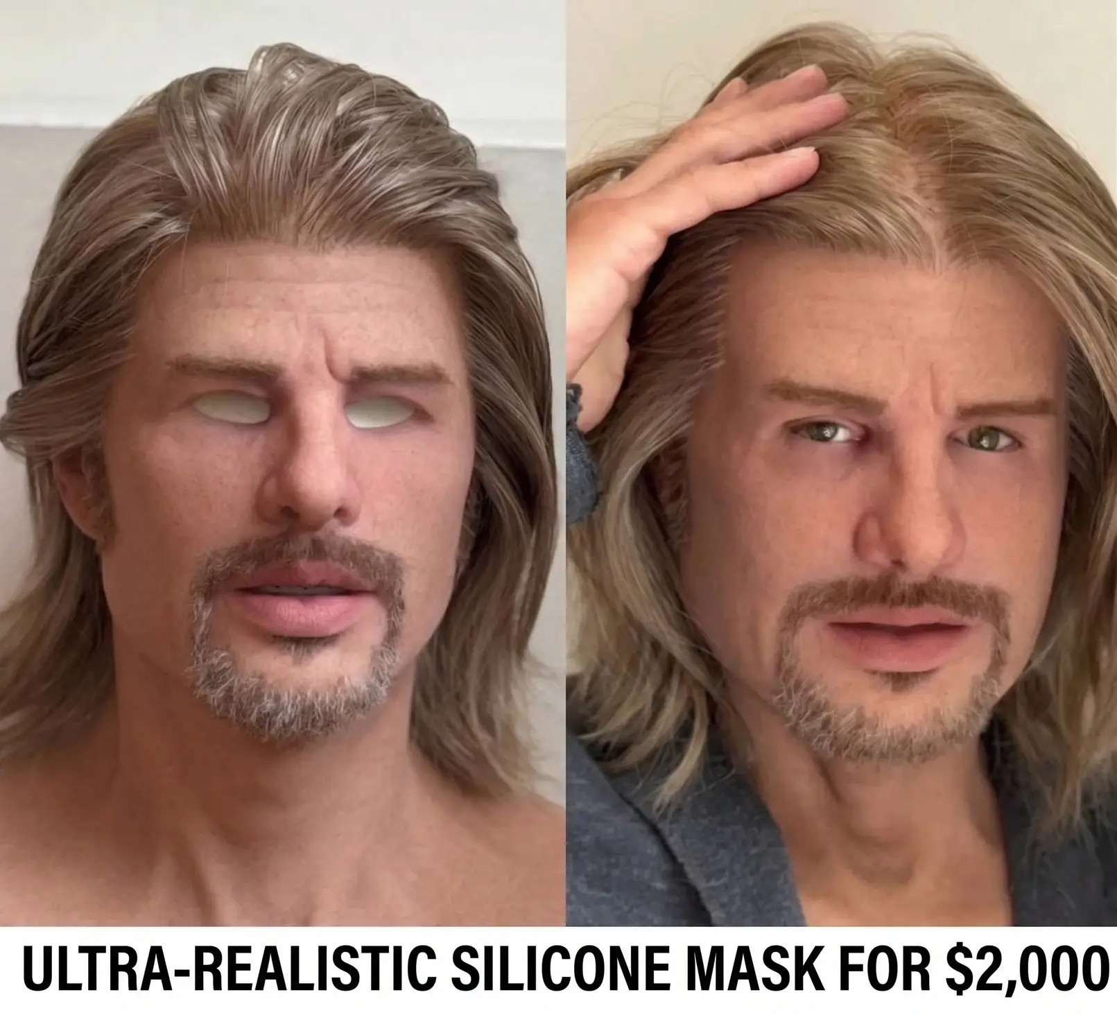 Side-by-side view of an ultra-realistic silicone mask with hand-punched hair sold online for about two thousand dollars, shown both off the head and worn