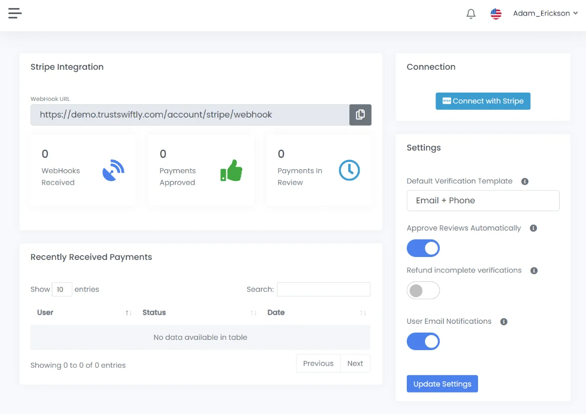 Trust Swiftly's Stripe integration settings: the webhook URL, payments in review and automatic approval options