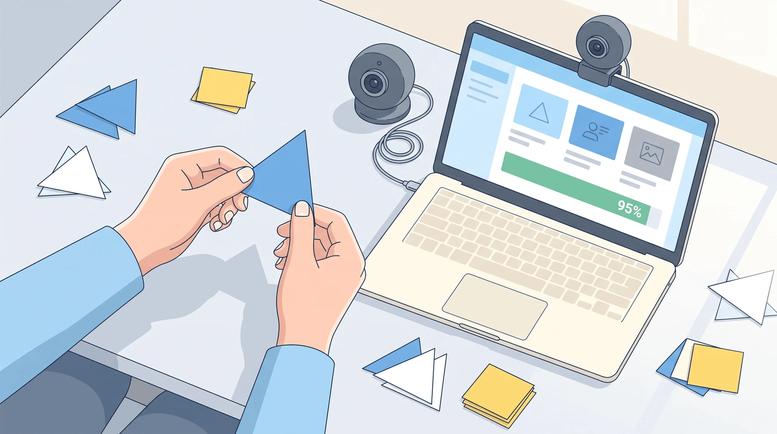 AI-generated illustration of hands holding a paper triangle near a laptop running a shape-classification activity